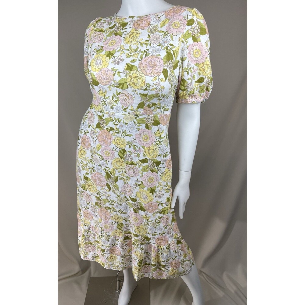 Who What Wear Linen Blend Midi Dress Women's L Tie Back Floral Yellow Pink